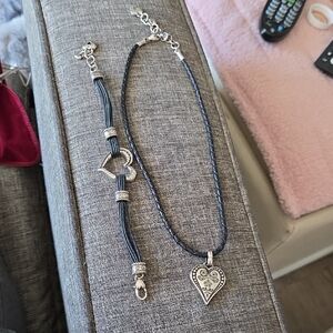Brighton Silver Heart Necklace with Black Cord And Matching Heart Bracelet